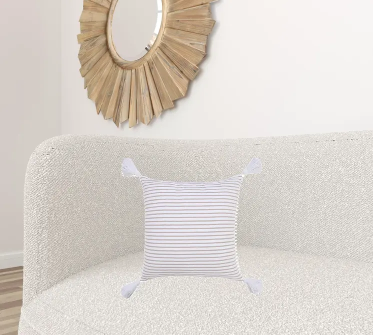 20" X 20" Beige And White 100% Cotton Striped Zippered Pillow