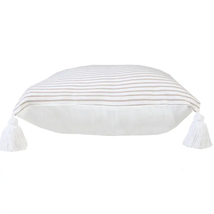 20" X 20" Beige And White 100% Cotton Striped Zippered Pillow