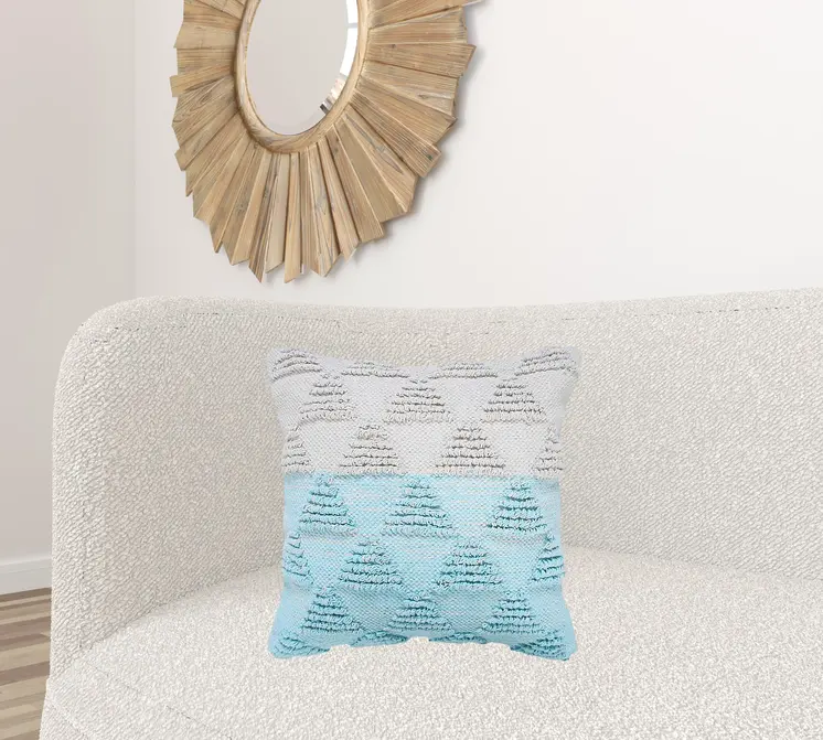 20" X 20" Bright Blue And Off-White 100% Cotton Geometric Zippered Pillow