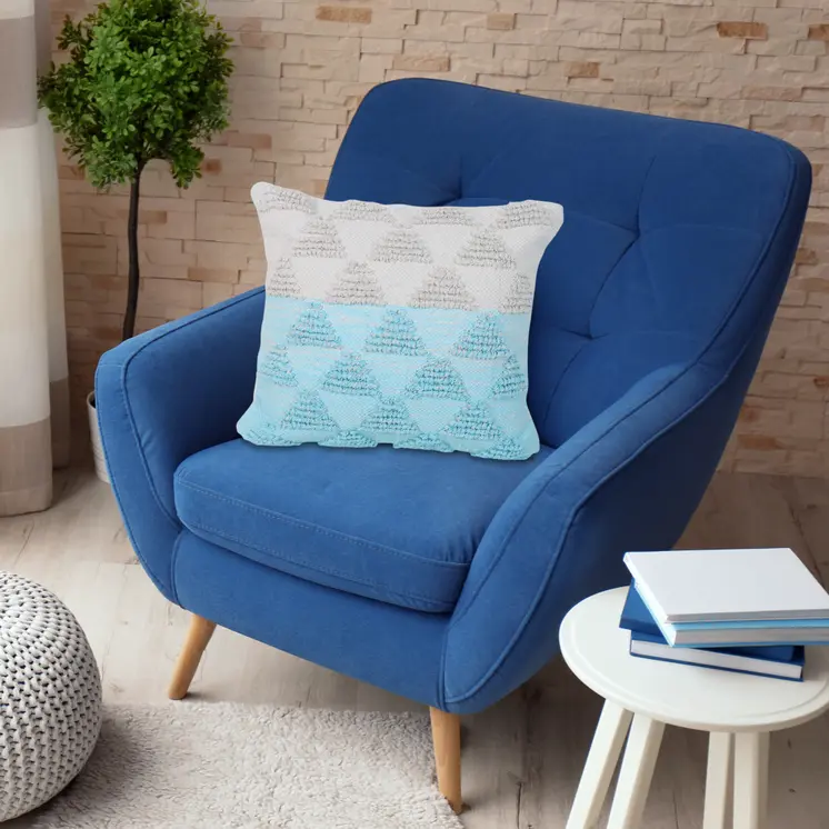 20" X 20" Bright Blue And Off-White 100% Cotton Geometric Zippered Pillow