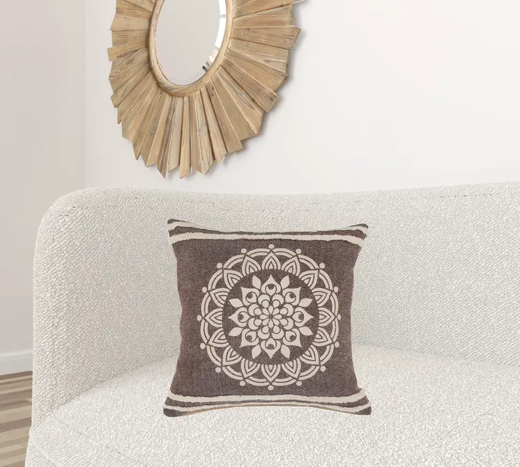 20" X 20" Brown And White 100% Cotton Striped Zippered Pillow