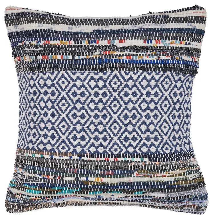 18" X 18" Blue White Red And Yellow 100% Cotton Striped Zippered Pillow