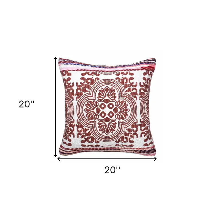 20" X 20" Red White Purple And Pink 100% Cotton Geometric Zippered Pillow