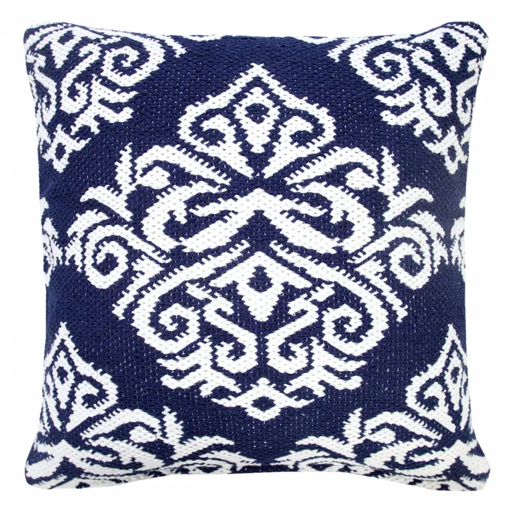 20" X 20" Blue And White 100% Cotton Damask Zippered Pillow