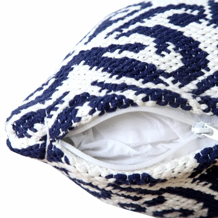 20" X 20" Blue And White 100% Cotton Damask Zippered Pillow