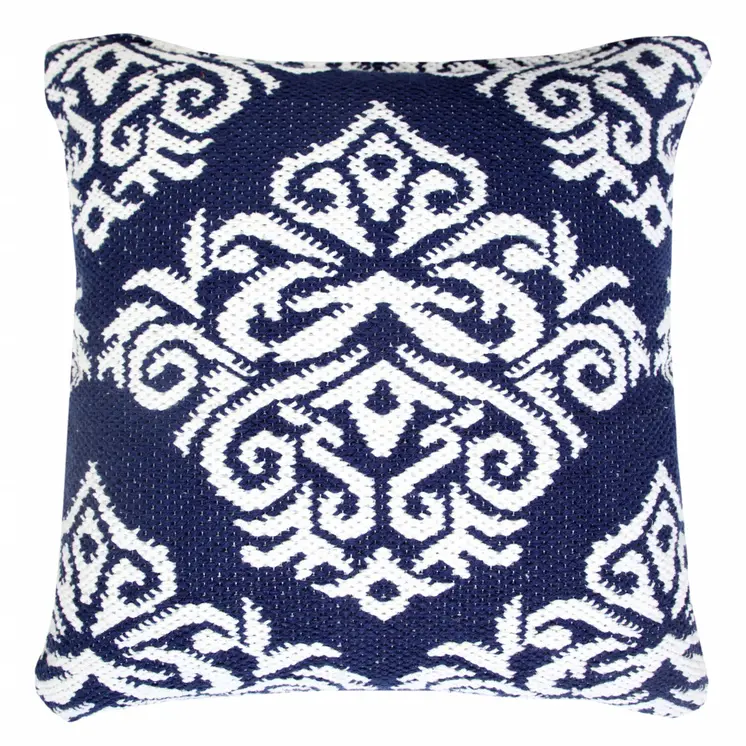 20" X 20" Blue And White 100% Cotton Damask Zippered Pillow