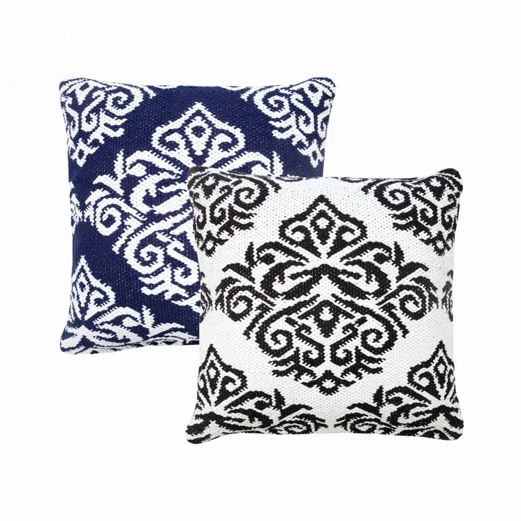20" X 20" Blue And White 100% Cotton Damask Zippered Pillow