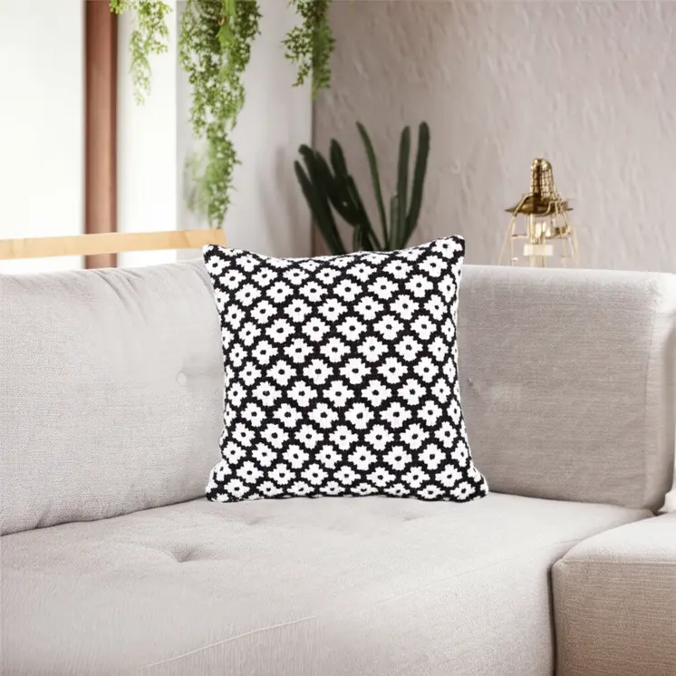 20" Black And White Cotton Geometric Throw Pillow