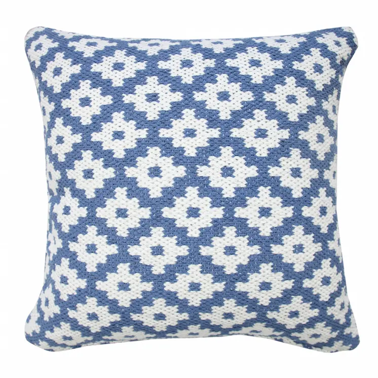 20" X 20" Blue And White 100% Cotton Geometric Zippered Pillow