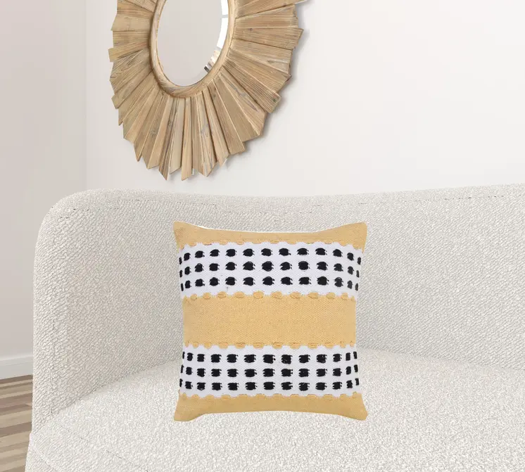 20" X 20" Yellow Black And White 100% Cotton Striped Zippered Pillow