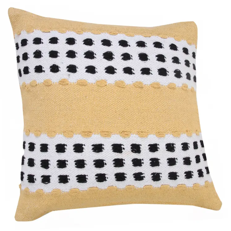 20" X 20" Yellow Black And White 100% Cotton Striped Zippered Pillow