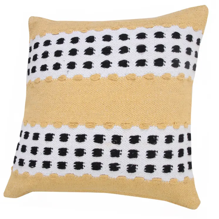 20" X 20" Yellow Black And White 100% Cotton Striped Zippered Pillow