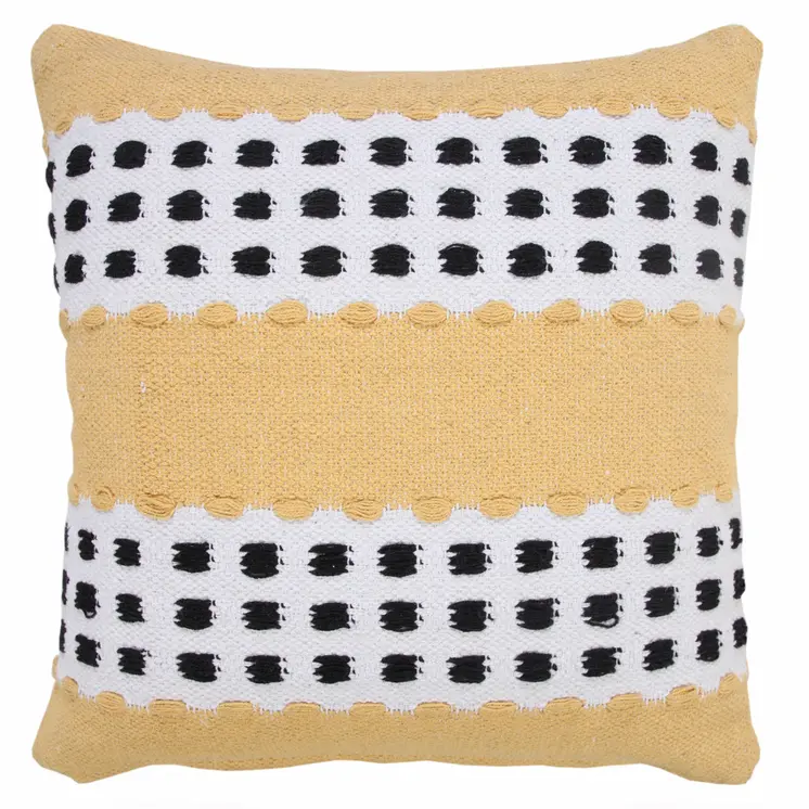 20" X 20" Yellow Black And White 100% Cotton Striped Zippered Pillow