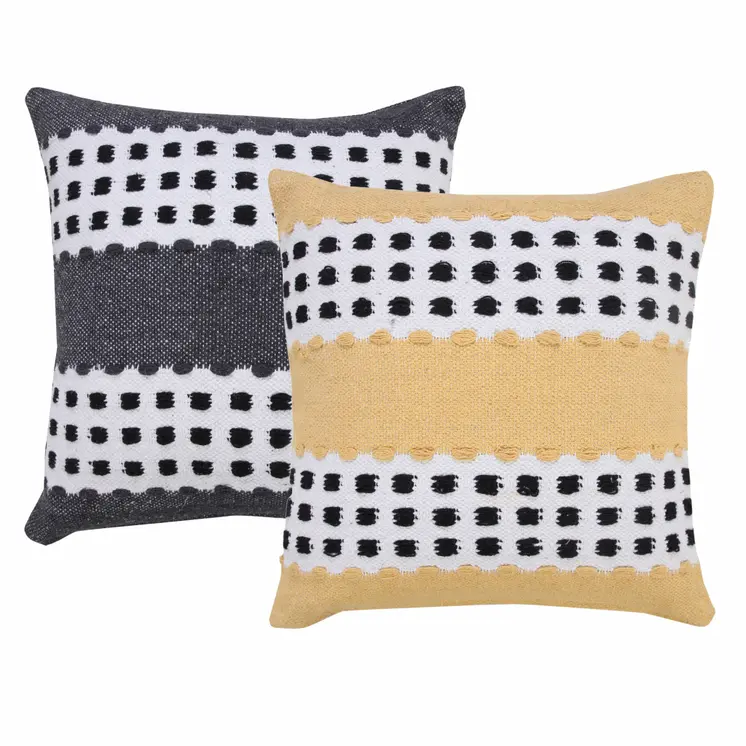 20" X 20" Yellow Black And White 100% Cotton Striped Zippered Pillow
