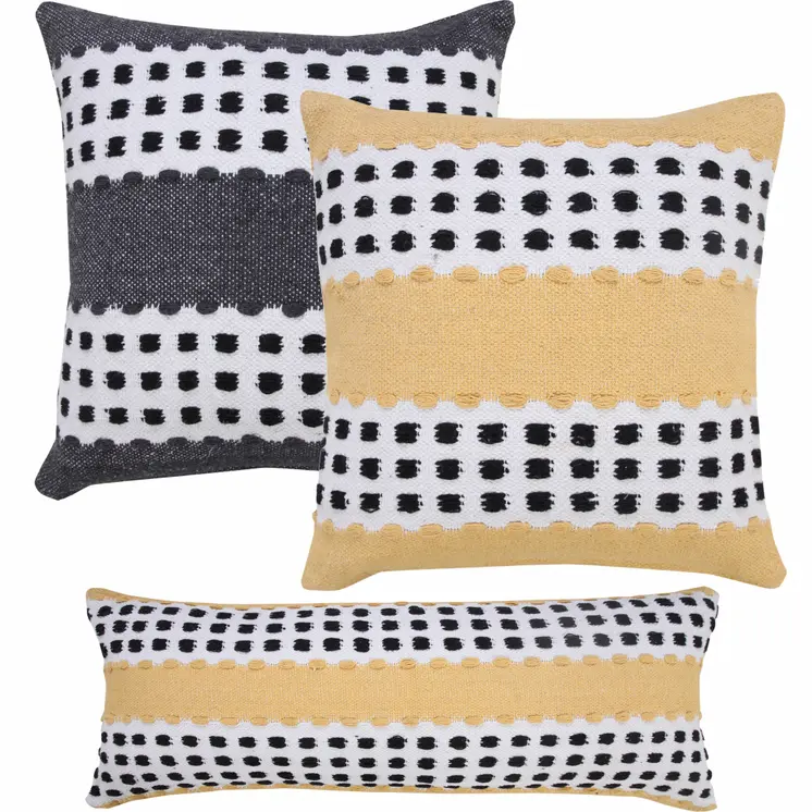 20" X 20" Yellow Black And White 100% Cotton Striped Zippered Pillow