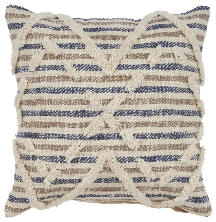 18" Blue And Beige Cotton Striped Throw Pillow