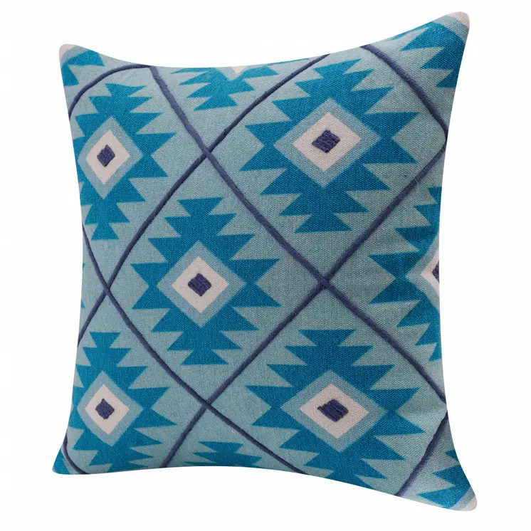 20" X 20" Blue And White 100% Cotton Geometric Zippered Pillow