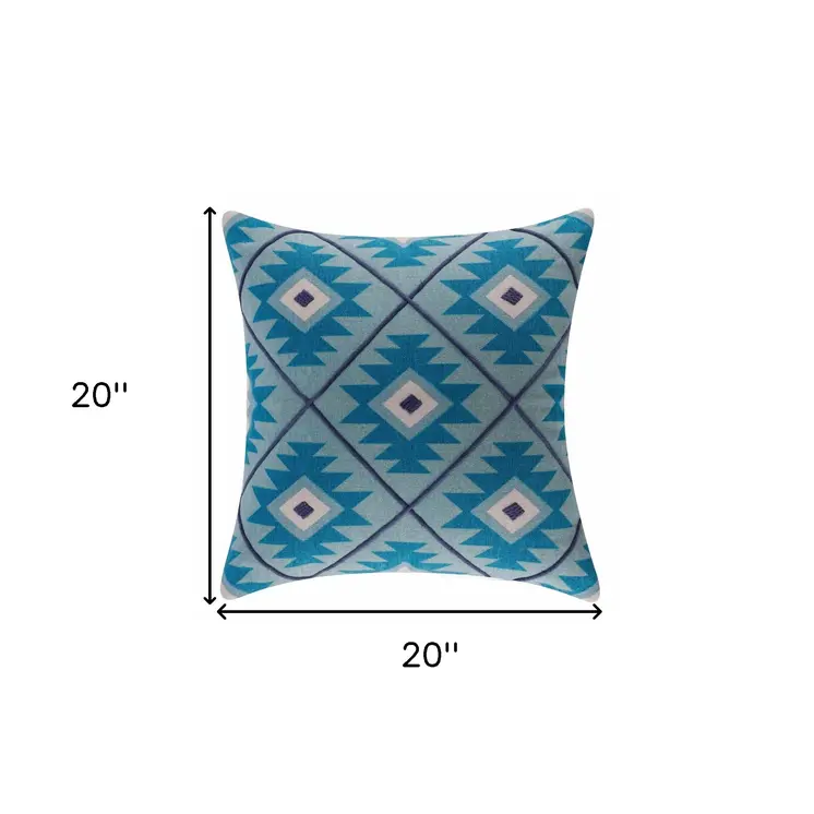 20" X 20" Blue And White 100% Cotton Geometric Zippered Pillow
