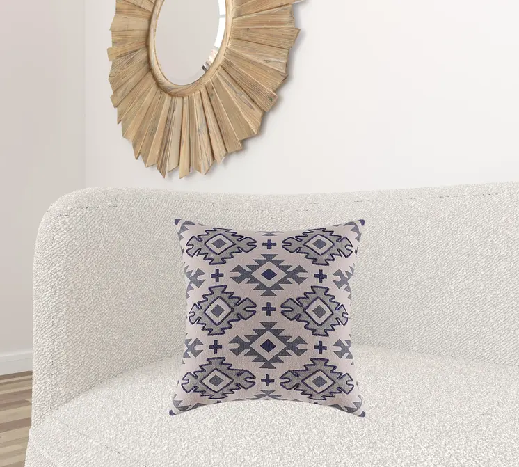 20" X 20" Blue And Gray 100% Cotton Geometric Zippered Pillow