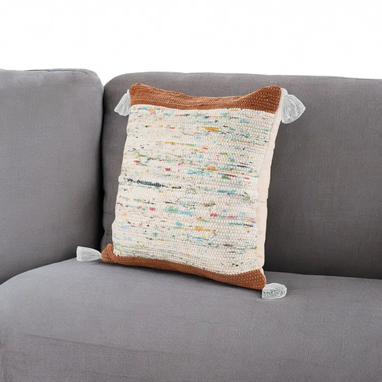 20" X 20" Brown and White Cotton Abstract Throw Pillow