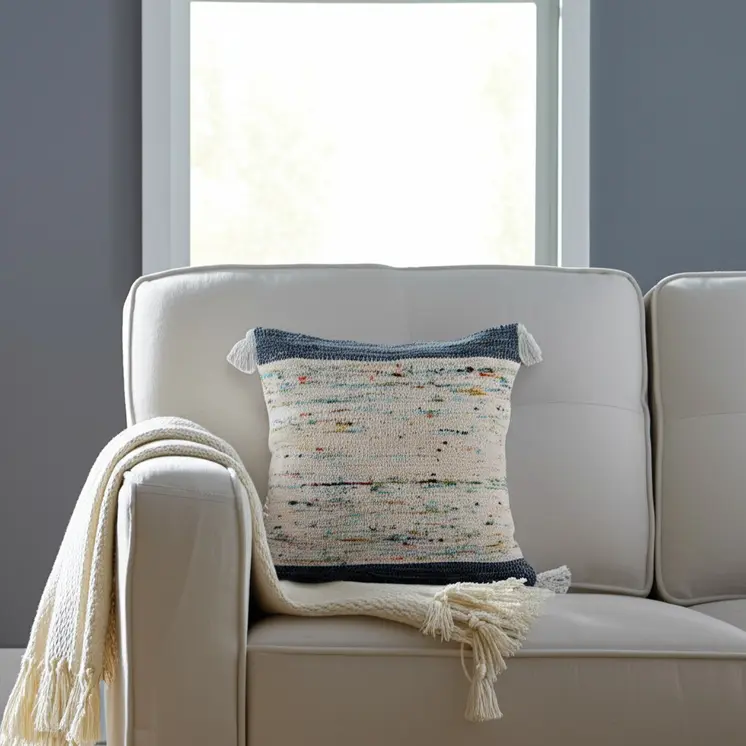 20" Blue And Off White Cotton Abstract Throw Pillow