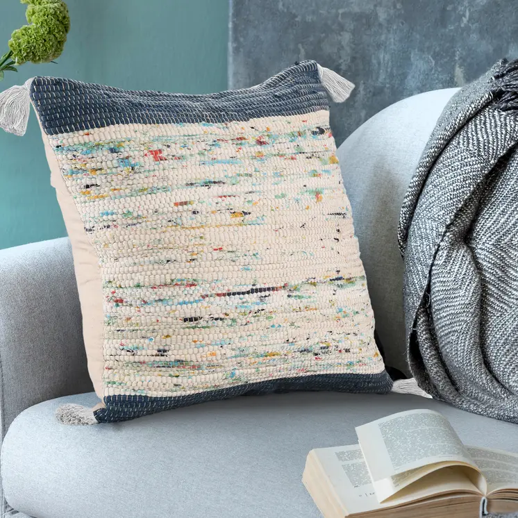 20" Blue And Off White Cotton Abstract Throw Pillow