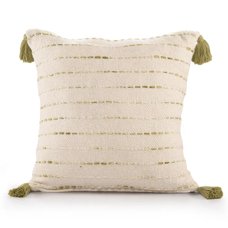 20" Olive Green And Ivory Cotton Striped Throw Pillow with Tassels