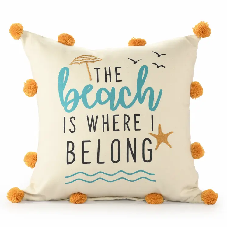 20" White Blue And Orange Fabric The beach is where we belong Text Throw Pillow with Pompoms