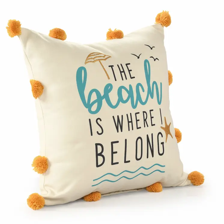 20" White Blue And Orange Fabric The beach is where we belong Text Throw Pillow with Pompoms