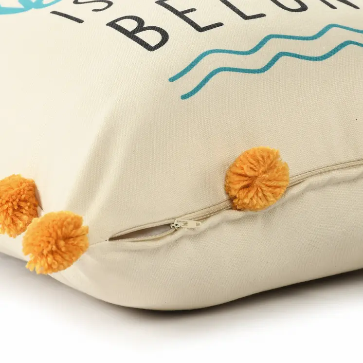 20" White Blue And Orange Fabric The beach is where we belong Text Throw Pillow with Pompoms