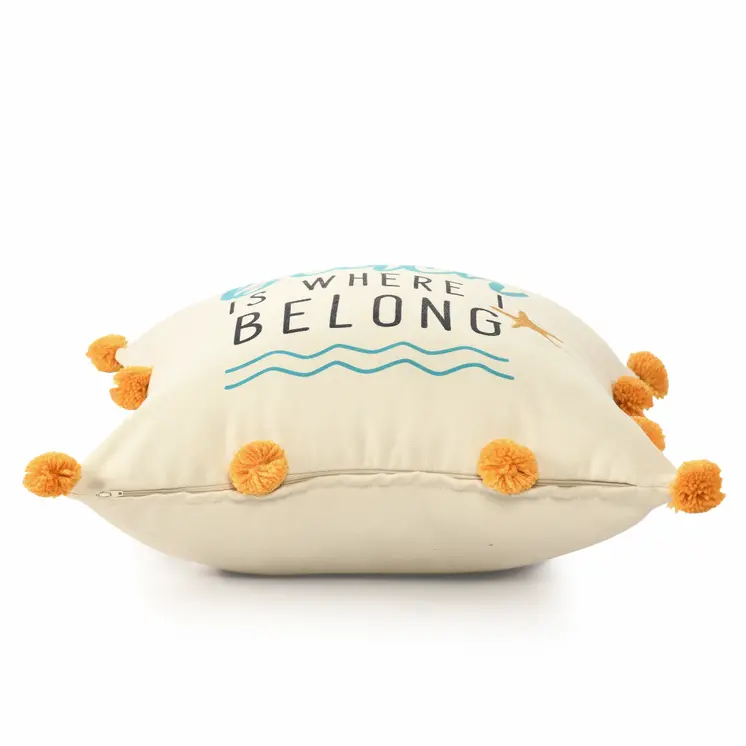 20" White Blue And Orange Fabric The beach is where we belong Text Throw Pillow with Pompoms
