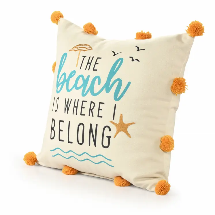 20" White Blue And Orange Fabric The beach is where we belong Text Throw Pillow with Pompoms