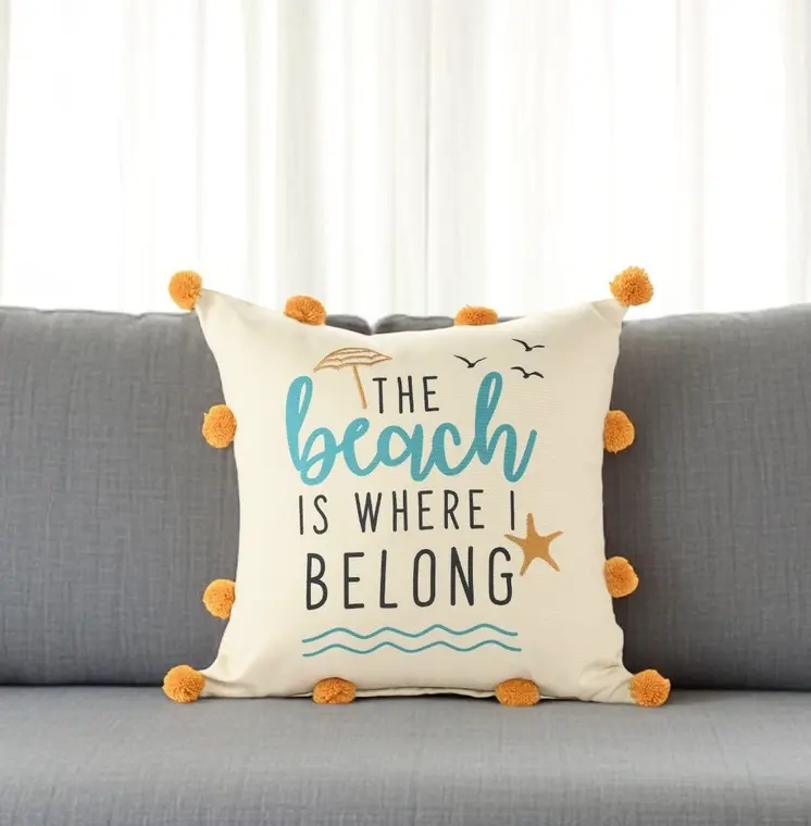 20" White Blue And Orange Fabric The beach is where we belong Text Throw Pillow with Pompoms