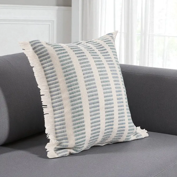 20" Blue And Ivory Striped Throw Pillow