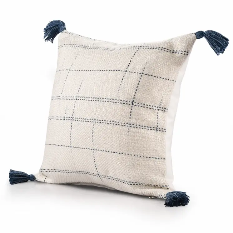 20" Ivory and Blue Throw Pillow