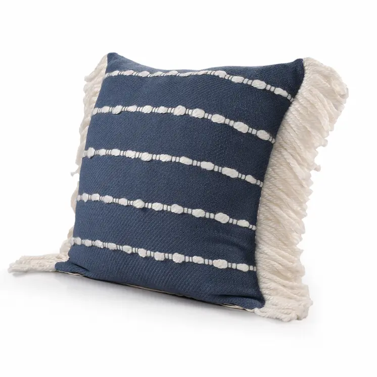 20" Navy Blue And Ivory Cotton Striped Throw Pillow with Fringe