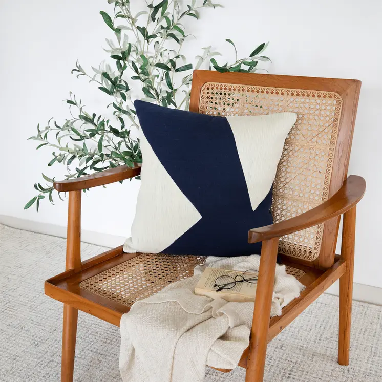 20" Navy Blue And Ivory Cotton Abstract Throw Pillow