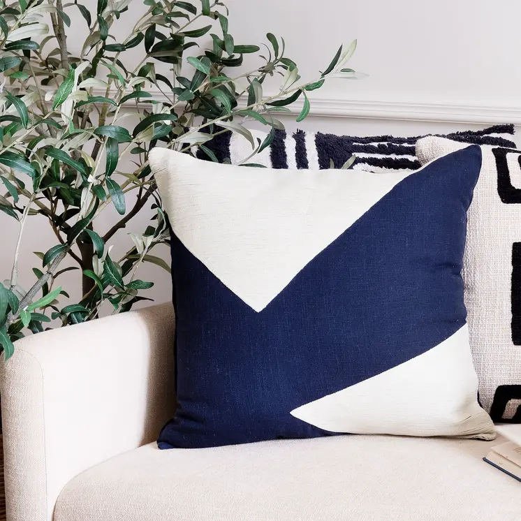 20" Navy Blue And Ivory Cotton Abstract Throw Pillow