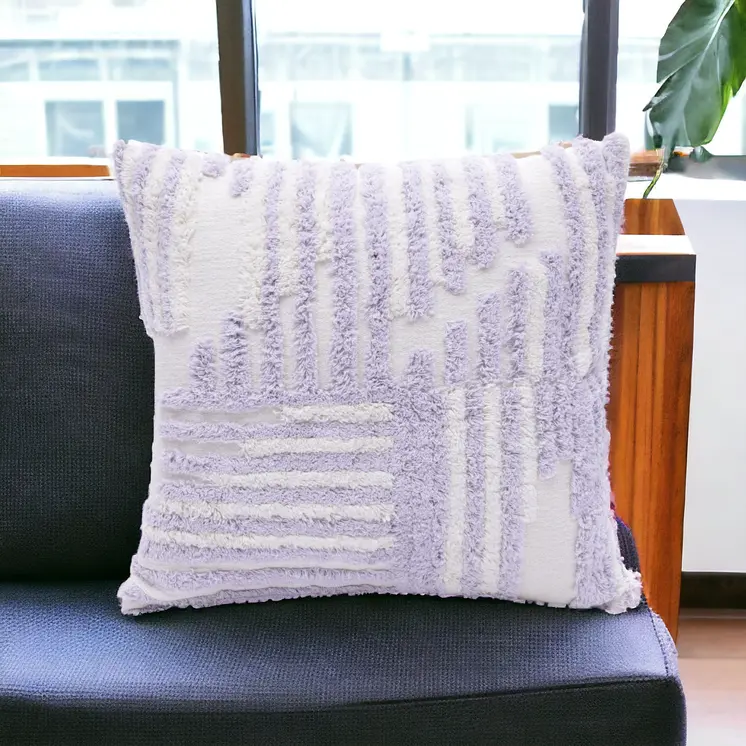 22" Purple and White Geometric Cotton Throw Pillow With Texture