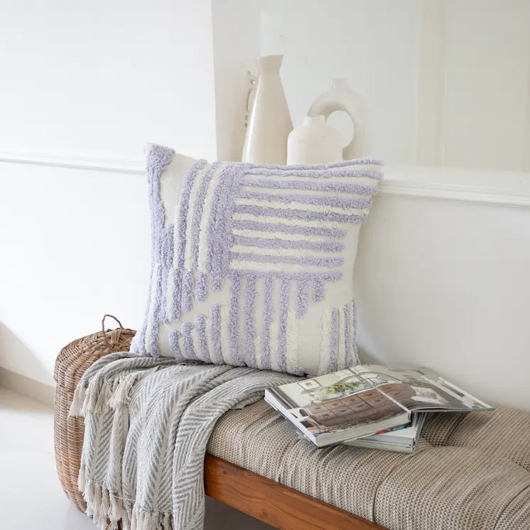22" Purple and White Geometric Cotton Throw Pillow With Texture