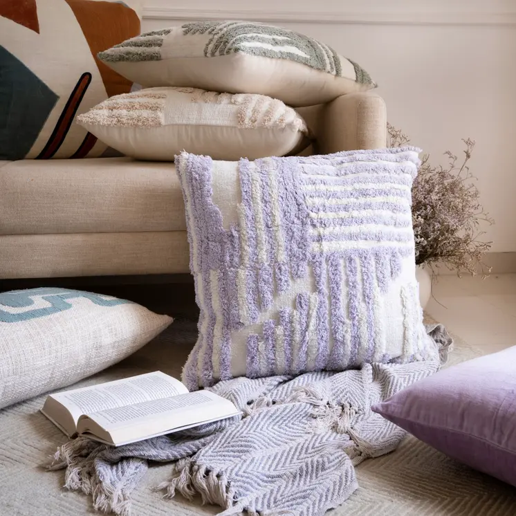 22" Purple and White Geometric Cotton Throw Pillow With Texture