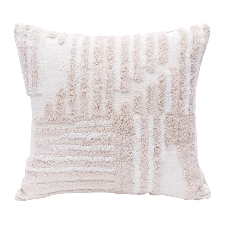 22" Beige and White Geometric Cotton Throw Pillow With Texture