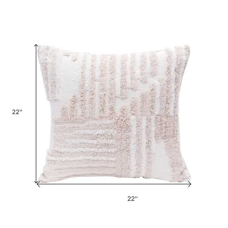 22" Beige and White Geometric Cotton Throw Pillow With Texture
