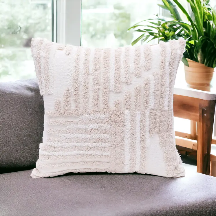 22" Beige and White Geometric Cotton Throw Pillow With Texture
