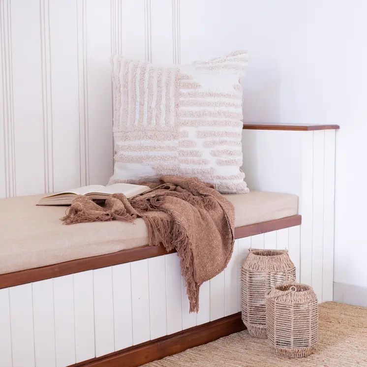 22" Beige and White Geometric Cotton Throw Pillow With Texture