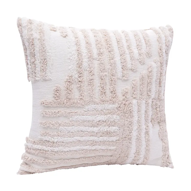 22" Beige and White Geometric Cotton Throw Pillow With Texture