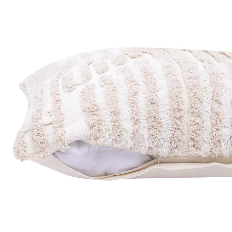 22" Beige and White Geometric Cotton Throw Pillow With Texture