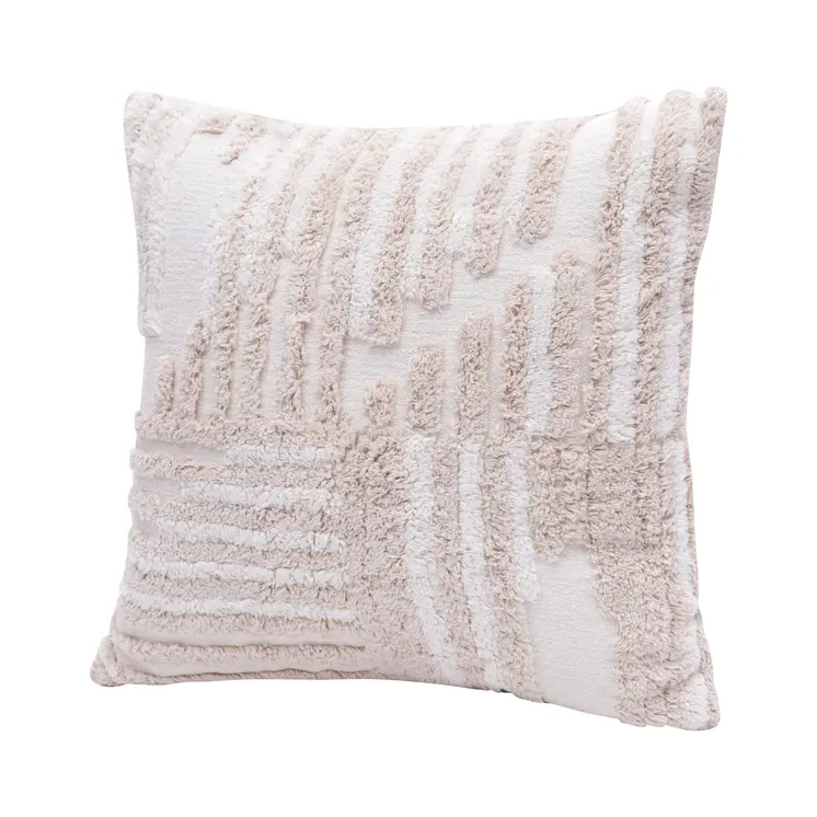 22" Beige and White Geometric Cotton Throw Pillow With Texture