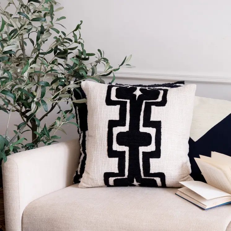 24" Black and Ivory Throw Pillow