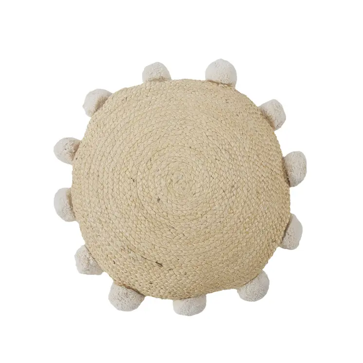 20" X 20" Brown Cotton And Jute Round Throw Pillow with Pompoms